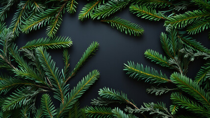 Fototapeta na wymiar Christmas green tree, pine branches background. Texture, holiday wallpaper. Flat lay. Nature New Year concept