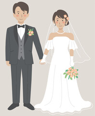 結婚式イラスト、手をつなぐ新郎新婦