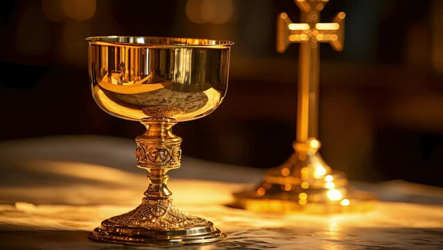 Closeup of a golden chalice and paten, used to hold the wine and bread during communion, p in front of a plain metal cross, highlighting the solemnity and significance of the Eucharist.