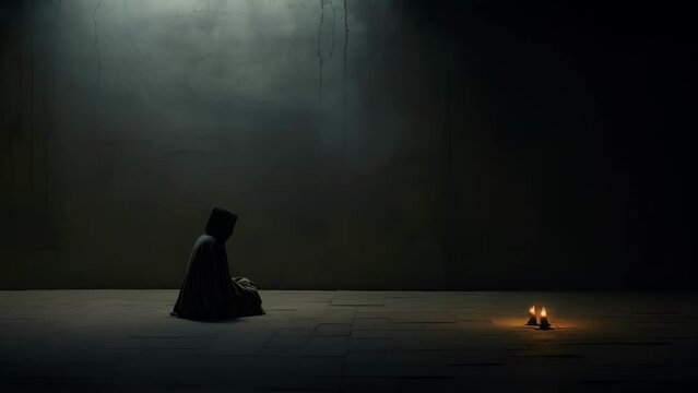 Concept photo of a dimly lit room, as a solitary figure sits crosslegged on the floor, lost in the mesmerizing repetition of a sacred chant.