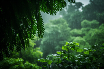 the rain drops water over green leaves in a rainforest