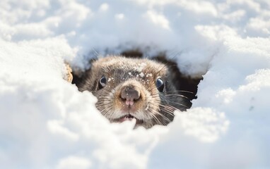 Cute happy fluffy photorealistic groundhog comes out of a snowy hole after hibernation looking at the camera. Sunny weather, light. Happy groundhog day banner, poster with white snow. AI Generative.
