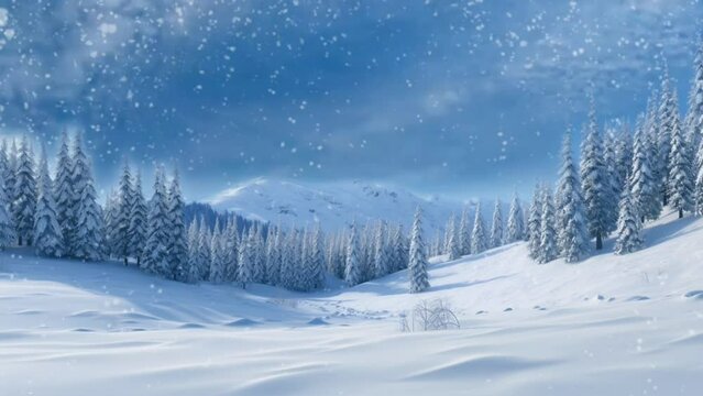Beautiful fantasy winter nature landscape and mountains animated background.Seamless looping video background animation, Anime or cartoon style. Generated with AI