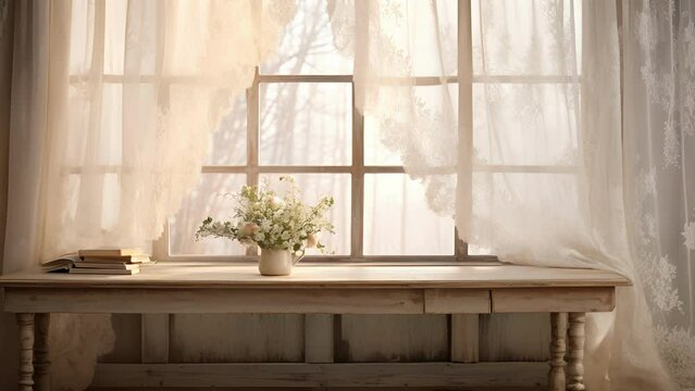 A nostalgic winter backdrop featuring vintage lace curtains gently swaying in the breeze, allowing the soft afternoon light to cast intricate patterns on a vintage wooden desk. The overall
