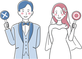 結婚式イラスト、マルとバツの札を持つ新郎新婦