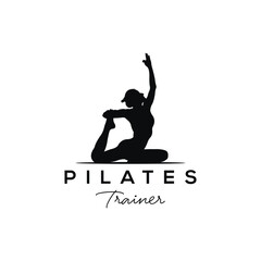 Sitting Pose Pilates Woman Silhouette, Girl with Beauty Body Hair and Face at gym logo design