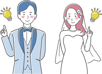 結婚式イラスト、電球、アイデアを思いつく、ひらめく新郎新婦