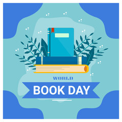 poster for world book day with cute book stack character on blue background.