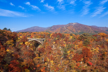 紅葉の鳴子峡と大深沢橋