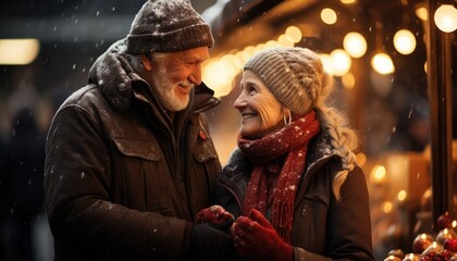 Fototapeta premium Old couple enjoying the snow in front of Christmas market