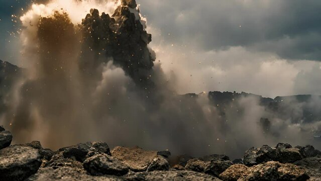 Closeup rocks boulders being catapulted volcano, creating fierce dangerous rain projectiles.