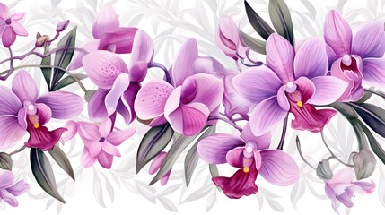 Flower orchid and leaves pattern watercolor, tropical pattern for textiles and decoration. Hand drawn exotic flora.