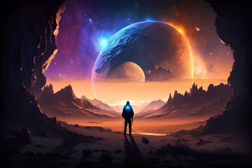 Astronaut approaching an unknown planet in a landscape where the sun hovers on the horizon, generative AI