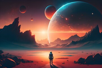 Astronaut approaching an unknown planet in a landscape where the sun hovers on the horizon, generative AI
