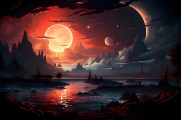 Astronaut approaching an unknown planet in a landscape where the sun hovers on the horizon, generative AI