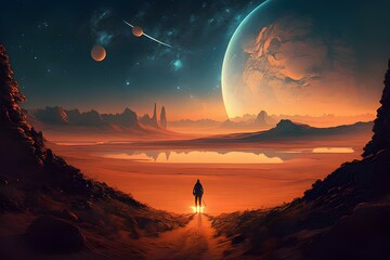 Astronaut approaching an unknown planet in a landscape where the sun hovers on the horizon, generative AI