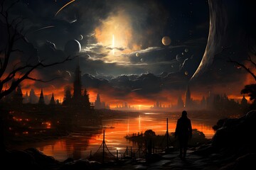 Astronaut approaching an unknown planet in a landscape where the sun hovers on the horizon, generative AI