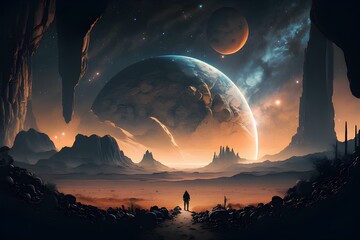 Astronaut approaching an unknown planet in a landscape where the sun hovers on the horizon, generative AI