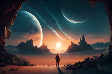 Astronaut approaching an unknown planet in a landscape where the sun hovers on the horizon, generative AI