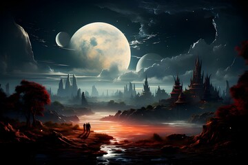 Astronaut approaching an unknown planet in a landscape where the sun hovers on the horizon, generative AI