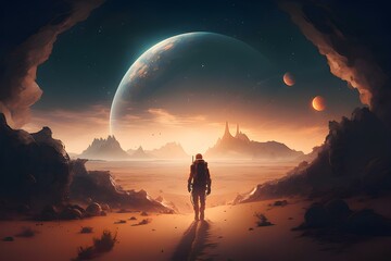 Astronaut approaching an unknown planet in a landscape where the sun hovers on the horizon, generative AI