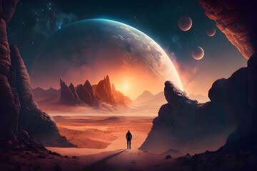 Astronaut approaching an unknown planet in a landscape where the sun hovers on the horizon, generative AI