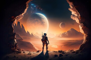 Astronaut approaching an unknown planet in a landscape where the sun hovers on the horizon, generative AI
