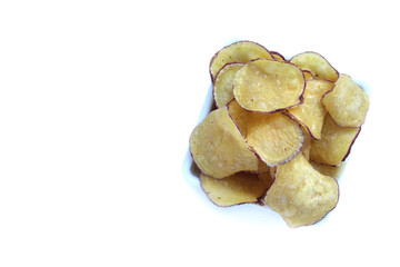 A portion of sweet potato chips isolated on white background