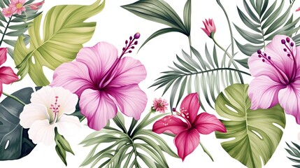 Tropical seamless pattern, Leaves and flowers, tropic plants on white background, watercolor botanical illustration