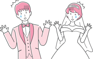 結婚式イラスト、両手を広げて驚愕して悲しむ新郎新婦