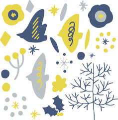 北欧風の草木イラスト。北欧カラーの草木と鳥のベクターイラスト。Scandinavian style grass and trees illustration. Vector illustration of plants, trees and birds in Scandinavian colors.