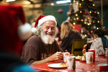 A homeless person enjoying a meal in a charity food bank kitchen during the christmas holidays - obrazy, fototapety, plakaty