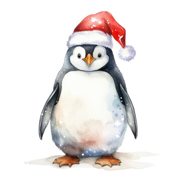 Watercolor penguin in Santa Claus hat on transparent background