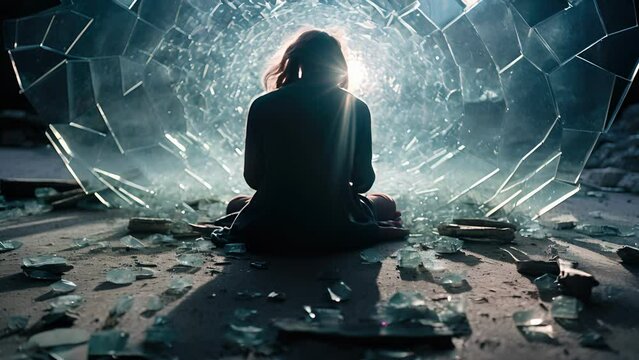 Concept photo of a person kneeling in prayer, surrounded by broken glass and debris. Despite the chaos around them, they remain steadfast in their faith, finding solace in their beliefs.