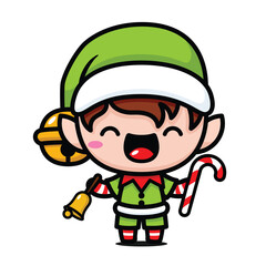 Cute And Kawaii Christmas Elf With Bell And Candy Cane