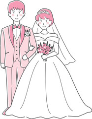 結婚式イラスト、腕を組んで正面を向く新郎新婦
