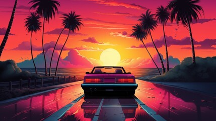 Retro style illustration of a convertible driving towards a stylized sunset. - obrazy, fototapety, plakaty