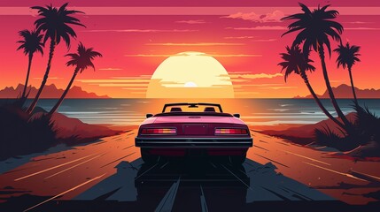 Fototapeta na wymiar Retro style illustration of a convertible driving towards a stylized sunset.