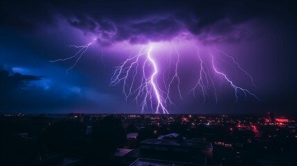Image of vibrant purple lightning streaking across a stormy night sky. - obrazy, fototapety, plakaty