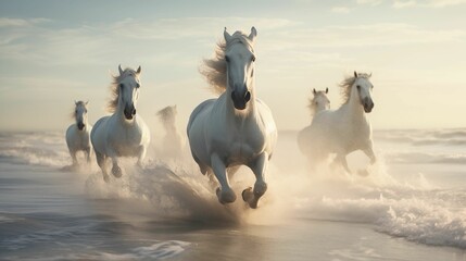 Image of white horses in full gallop along the coastline. - Powered by Adobe