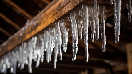 Image of winter icicles hanging from the eaves of a rustic cabin.