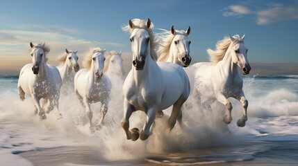 Image of white horses in full gallop along the coastline. - obrazy, fototapety, plakaty