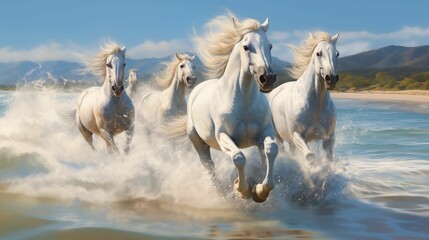 Obraz na płótnie Canvas Image of white horses in full gallop along the coastline.