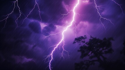 Naklejka na ściany i meble Image of vibrant purple lightning streaking across a stormy night sky.