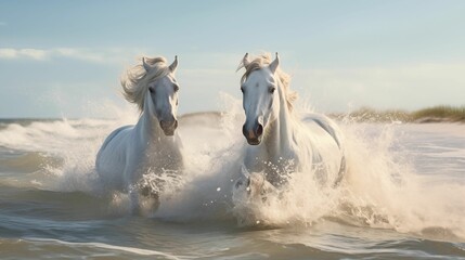 Image of white horses in full gallop along the coastline. - obrazy, fototapety, plakaty