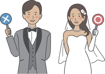 結婚式イラスト、マルとバツの札を持つ新郎新婦