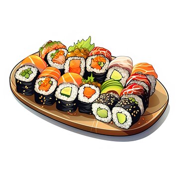 Cartoon-style plate of sushi food on white background.