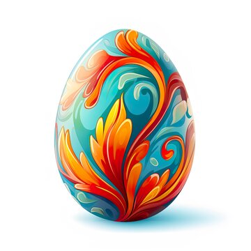 Colorful egg with painted design on white background.