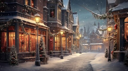 Image of gentle snowfall on a cozy street adorned with twinkling Christmas lights. - obrazy, fototapety, plakaty