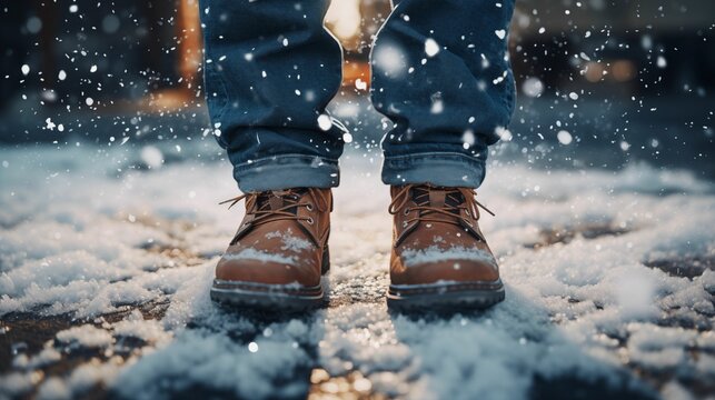 Image of falling snow, lower body in rough boots and jeans.